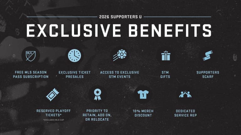Benefits: Best Prices on the Best Seats, Free MLS Season Pass Subscription, STM Gifts, Exclusive Ticket Presales, Access to Exclusive STM Events, 10% Merch Discount, Dedicated Service Reps, Playoff Tickets Confirmed, Relocation Priority